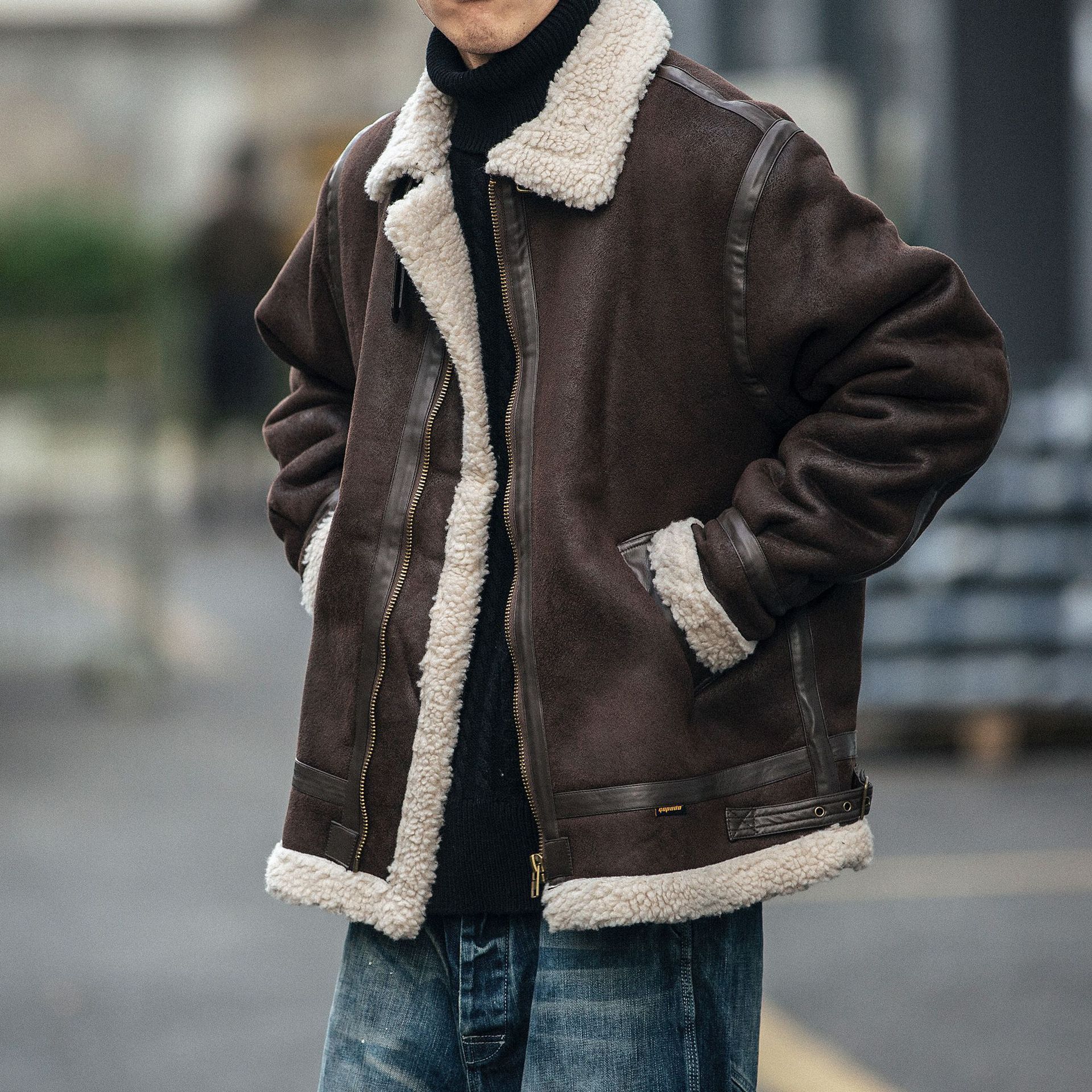 AutumnWinter Suede-Effect Leather Biker Jacket Padded Coat Mens Trendy Brand - Image 4
