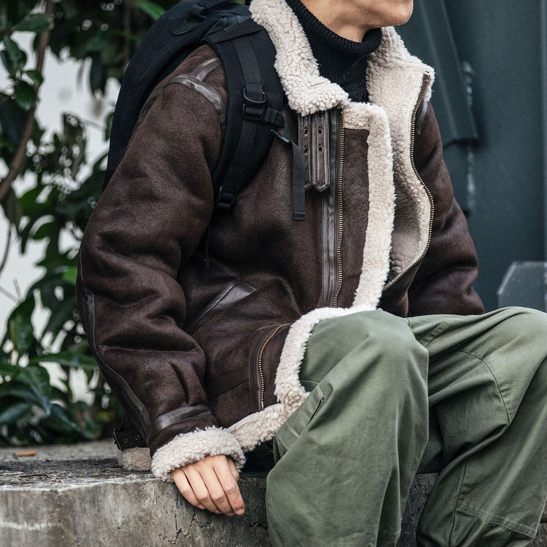 AutumnWinter Suede-Effect Leather Biker Jacket Padded Coat Mens Trendy Brand - Image 3