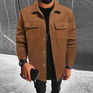 New Mens Button-front Overcoat With Flap Pockets