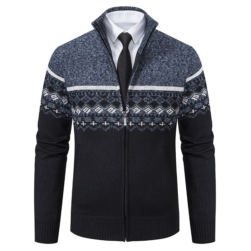 Men's Casual Stand-collar Sweater Coat With Fleece Lining And Color-blocking Design - Image 7