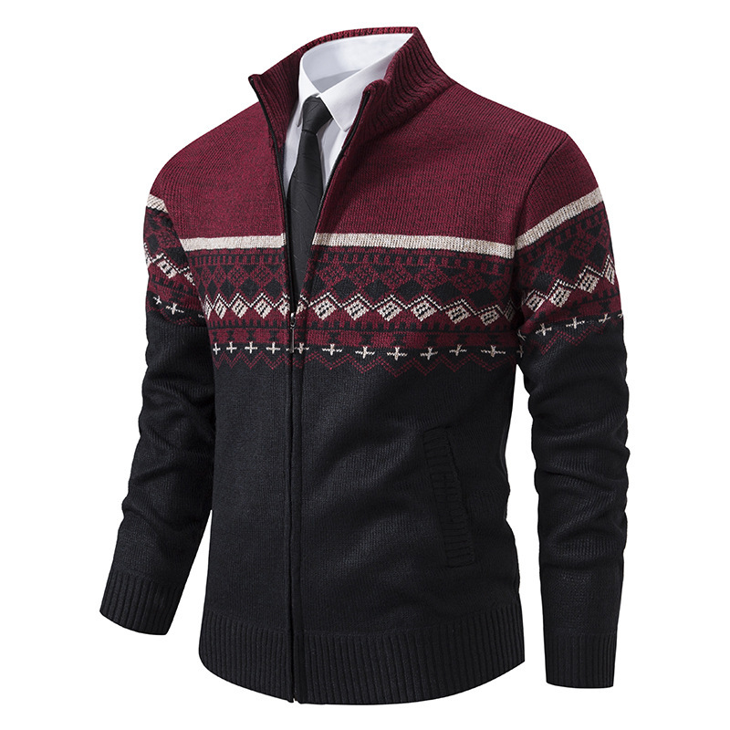 Men's Casual Stand-collar Sweater Coat With Fleece Lining And Color-blocking Design - Image 2