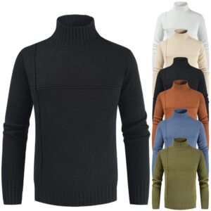 New Cross Stripe Stitching Korean High Neck Solid Color Sweater Men's Sweater