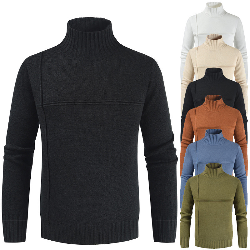 New Cross Stripe Stitching Korean High Neck Solid Color Sweater Men's Sweater