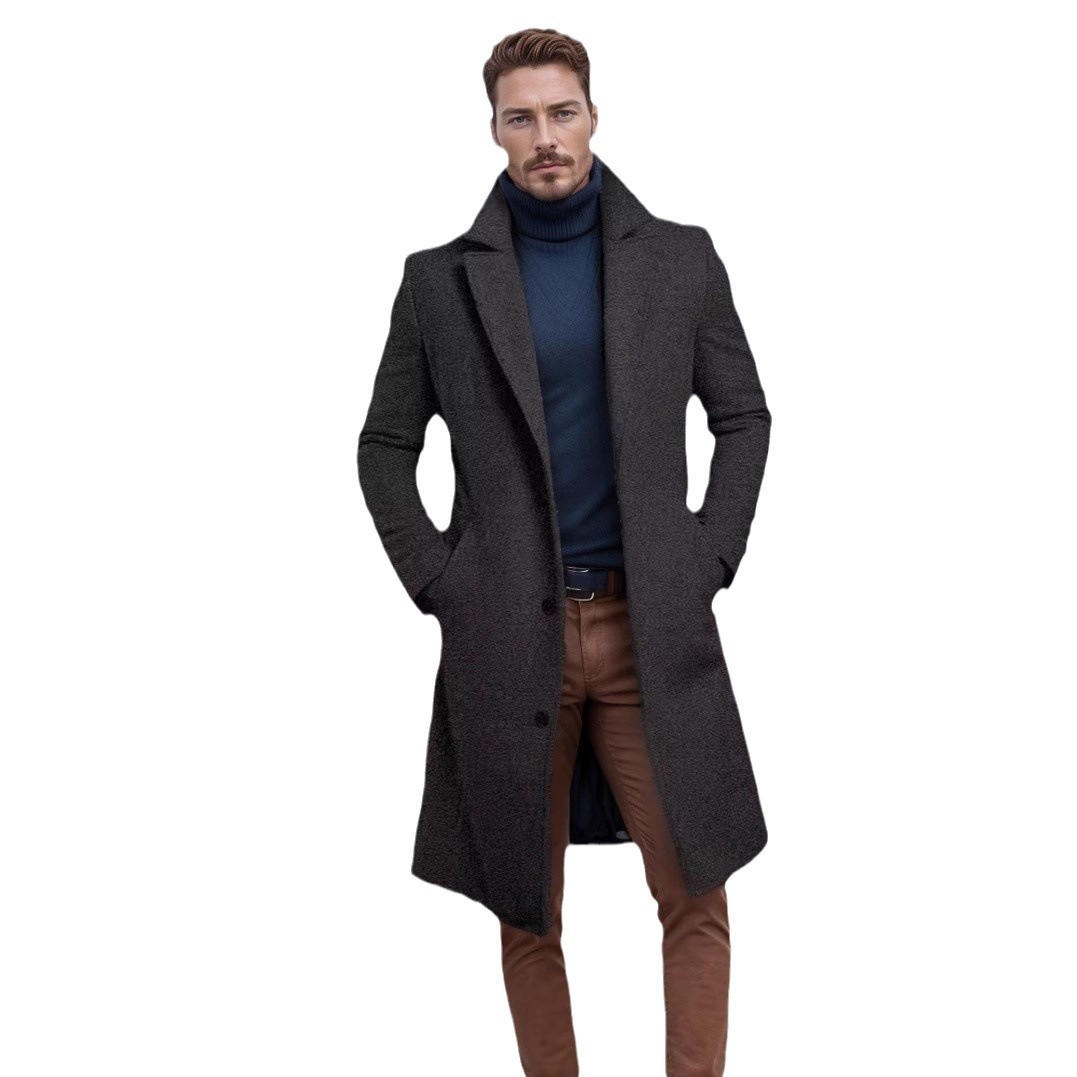 Men's Mid-length Solid Color Autumn And Winter Woolen Coat - Image 4