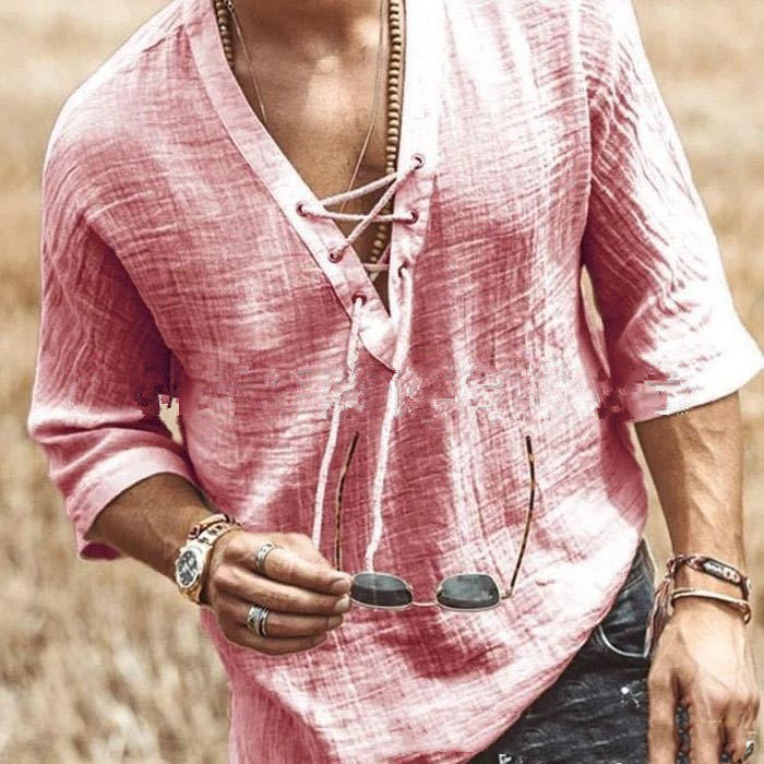 Men's Fashion Chest tie Mid Sleeve T Shirt Shirt - Image 7