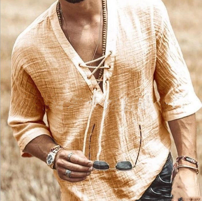 Men's Fashion Chest tie Mid Sleeve T Shirt Shirt - Image 8