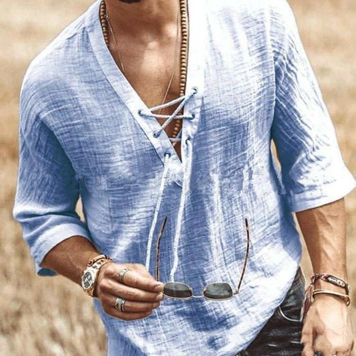 Men's Fashion Chest tie Mid Sleeve T Shirt Shirt - Image 5