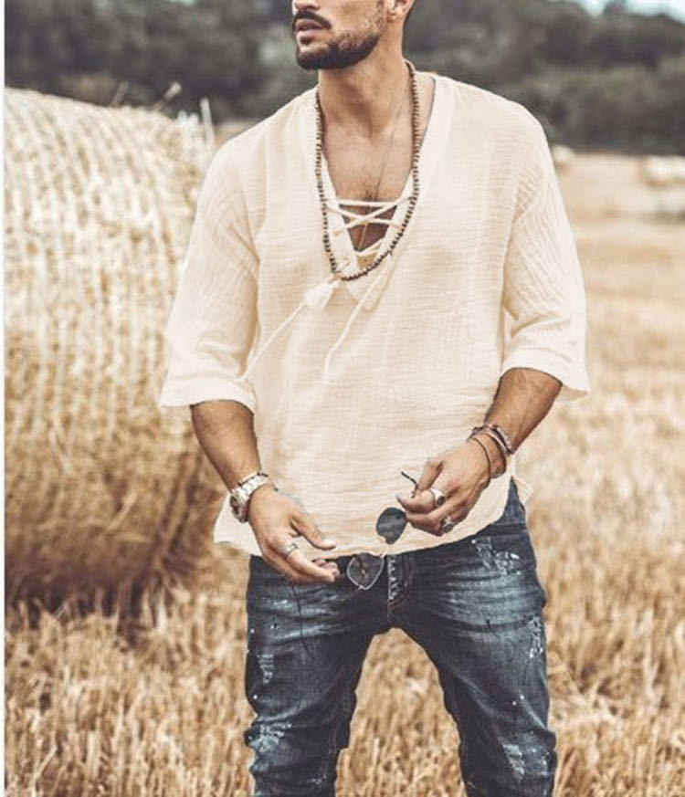 Men's Fashion Chest tie Mid Sleeve T Shirt Shirt - Image 2