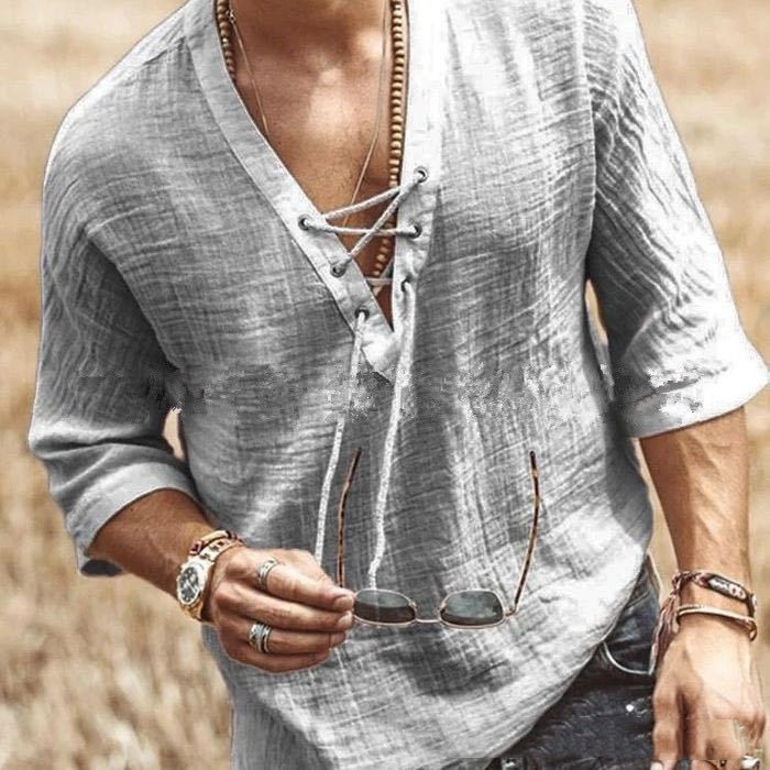 Men's Fashion Chest tie Mid Sleeve T Shirt Shirt - Image 6