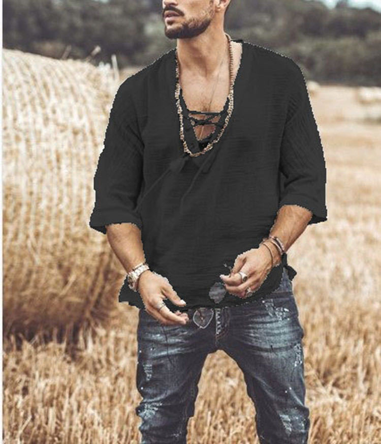 Men's Fashion Chest tie Mid Sleeve T Shirt Shirt - Image 3