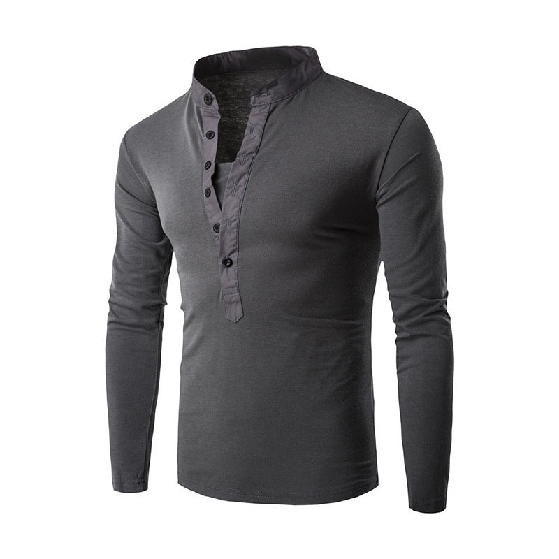 Stand-up Collar Casual Button Placket Slim Long-Sleeved T-shirt - Image 5