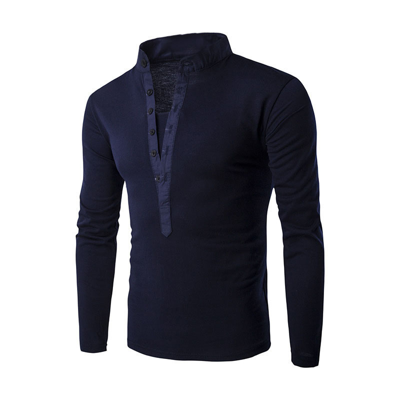 Stand-up Collar Casual Button Placket Slim Long-Sleeved T-shirt - Image 3