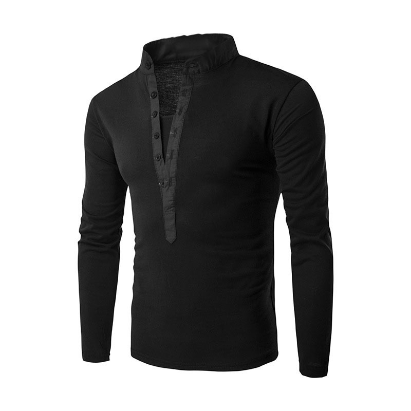 Stand-up Collar Casual Button Placket Slim Long-Sleeved T-shirt - Image 4