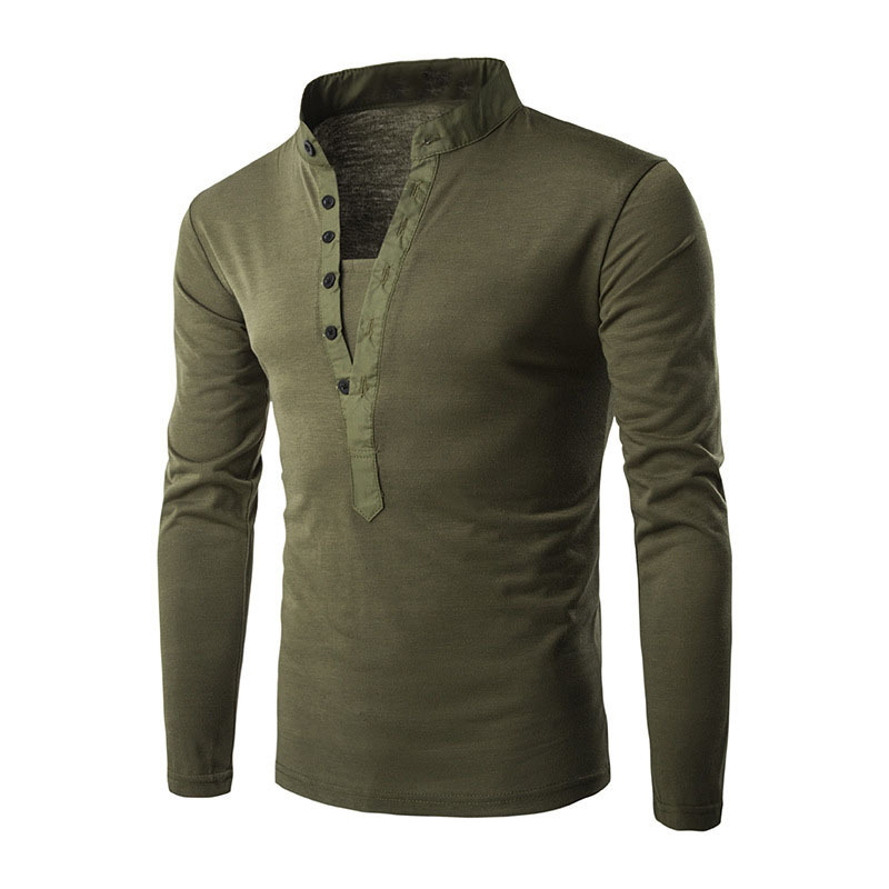 Stand-up Collar Casual Button Placket Slim Long-Sleeved T-shirt - Image 2