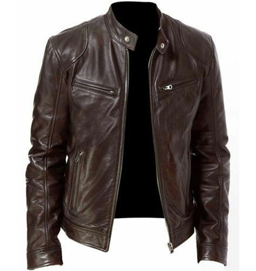 Gentleman's Warm Zipper Cardigan Pocket Decorated Pu Leather Coat - Image 10