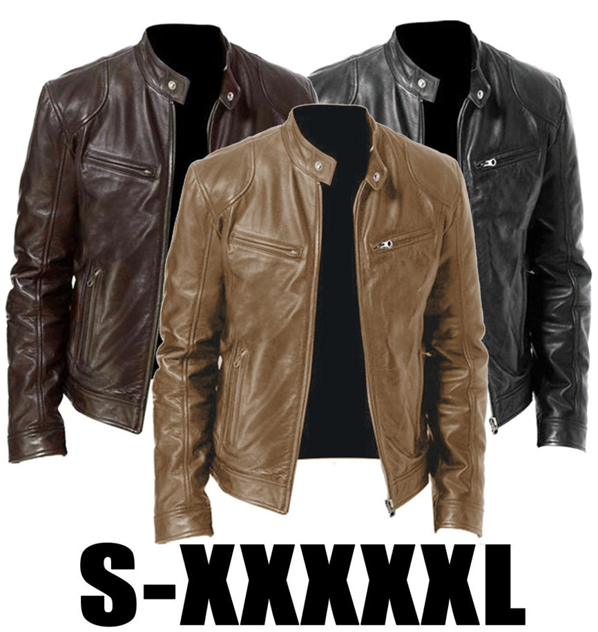 Gentleman's Warm Zipper Cardigan Pocket Decorated Pu Leather Coat - Image 9