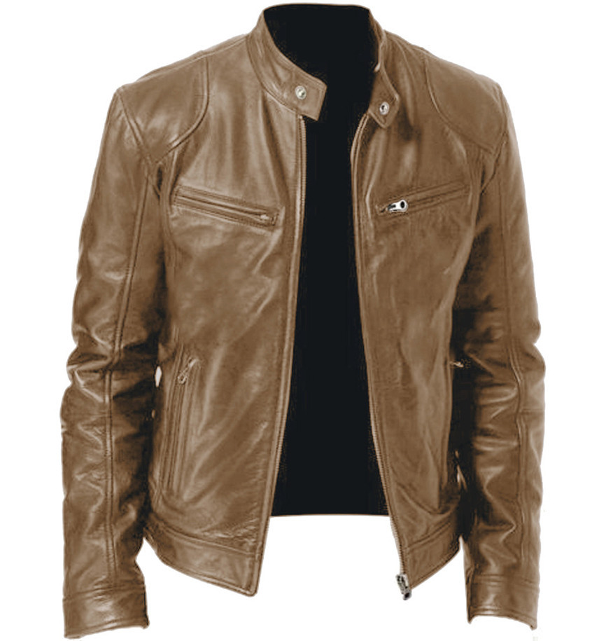Gentleman's Warm Zipper Cardigan Pocket Decorated Pu Leather Coat - Image 6