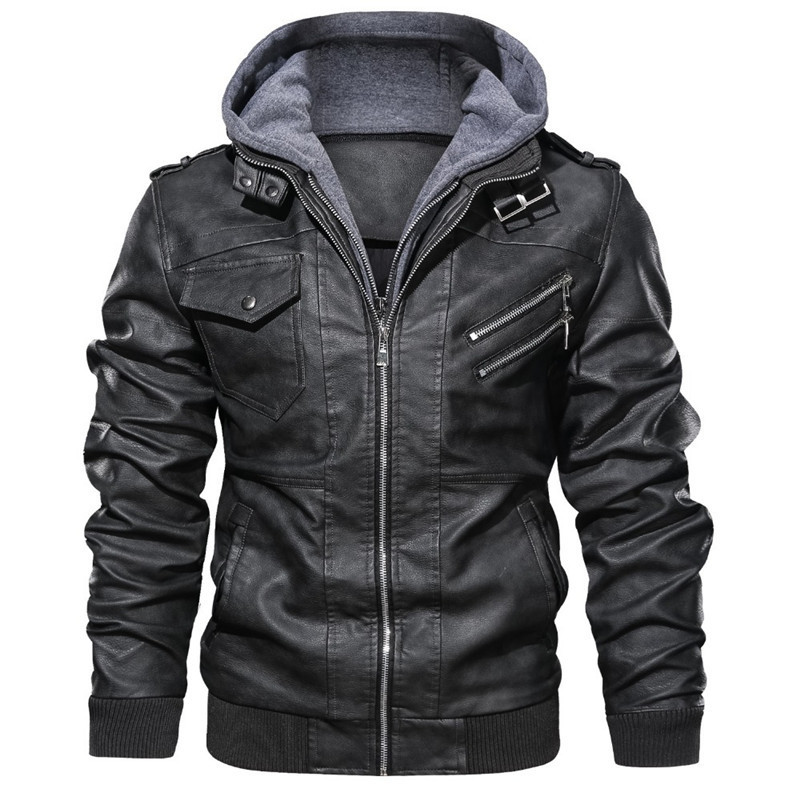 Spring, Autumn And Winter New Leather Jacket Men's Hooded Leather Jacket Youth Men's Jacket - Image 7