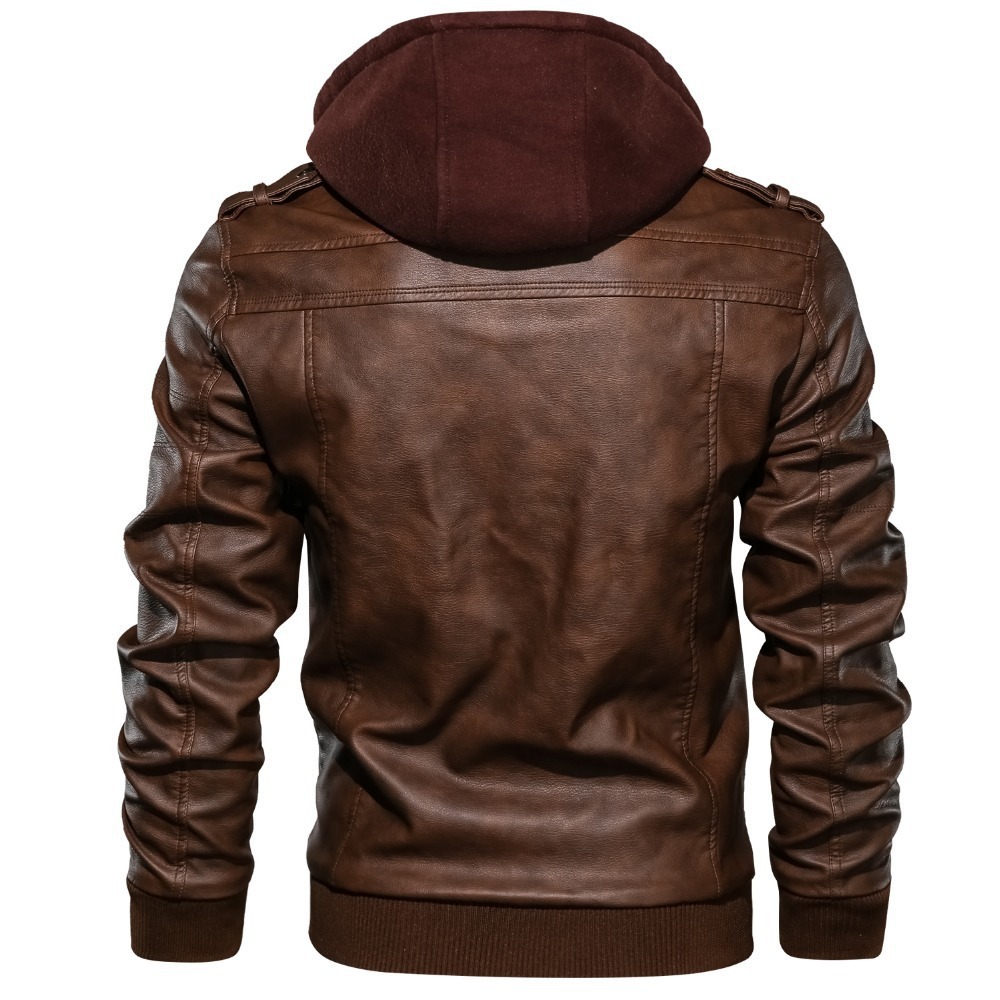 Spring, Autumn And Winter New Leather Jacket Men's Hooded Leather Jacket Youth Men's Jacket - Image 4