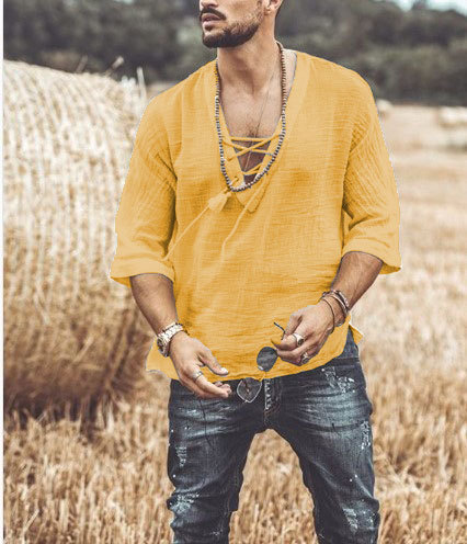 Men's Fashion Chest tie Mid Sleeve T Shirt Shirt - Image 4