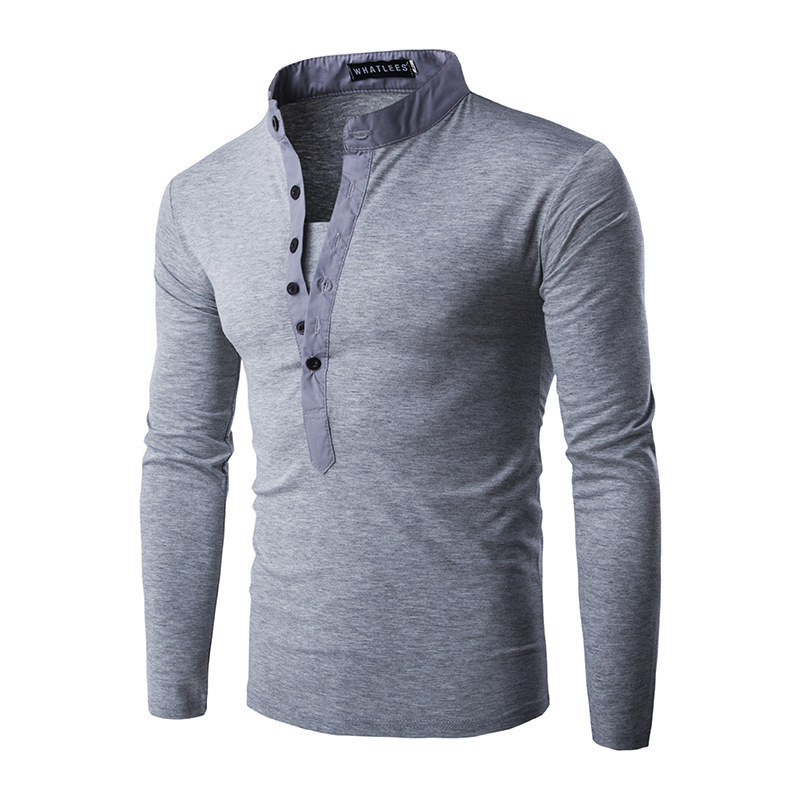 Stand-up Collar Casual Button Placket Slim Long-Sleeved T-shirt - Image 6