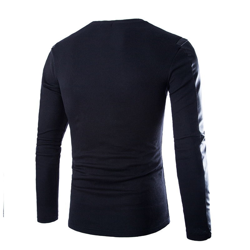 Men's Leather Men's Long-sleeved T-shirt Round Neck Pullover T-shirt - Image 3