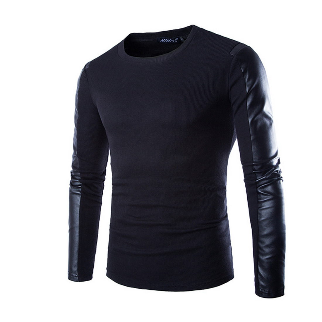 Men's Leather Men's Long-sleeved T-shirt Round Neck Pullover T-shirt - Image 5