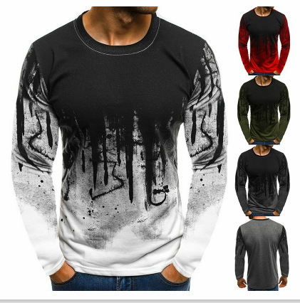 Men's Gradient 3D Printing Long Sleeve Round Neck T-shirt