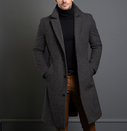 Winter Lapel Trench Coat Fashion Pocket Single Breasted Jacket Outerwear Casual Solid Color Men's Clothing - Image 8
