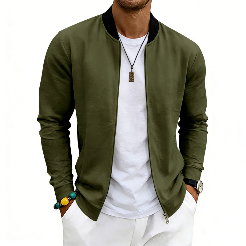 SpringAutumn Thin Vintage Mens Simple Flight-Style Stand Collar Zip-Up Baseball Jacket Cardigan - Image 3