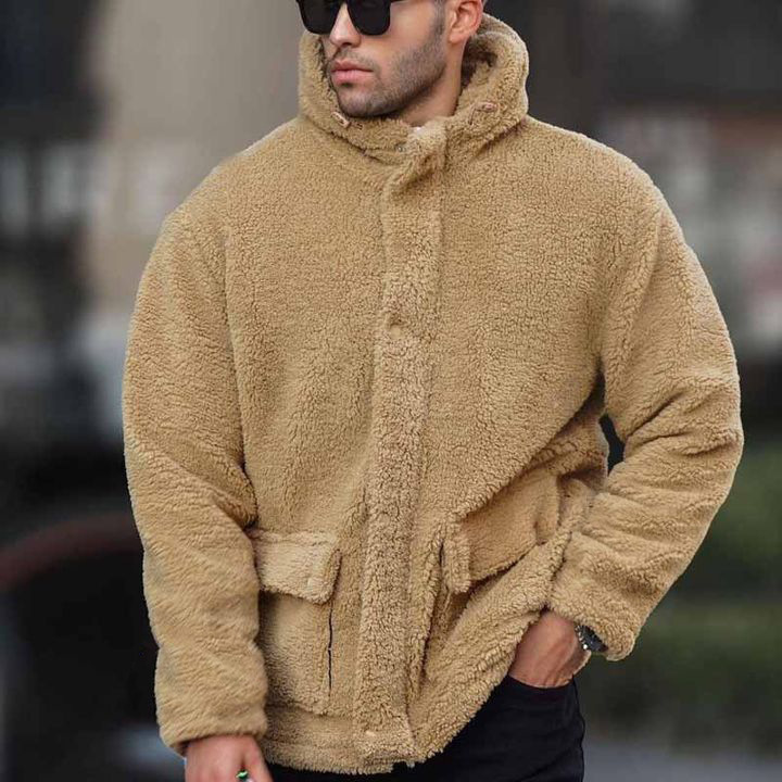 Autumn And Winter Men's Hooded Solid Color Coat Polar Fleece European And American Leisure Trendy - Image 5