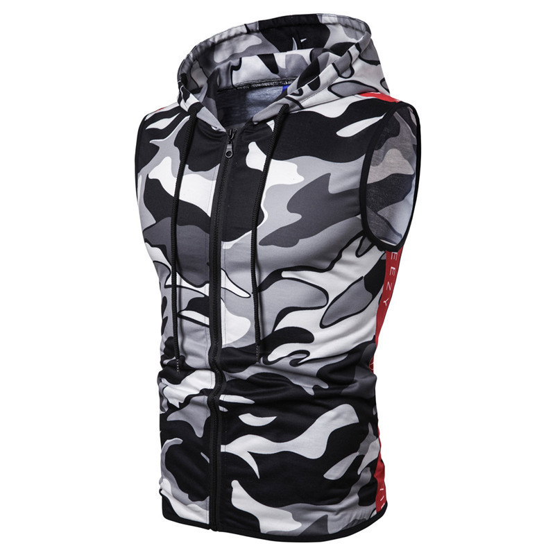 Zipper Hooded Sleeveless Camouflage Printed Fitness Sports Vest - Image 6