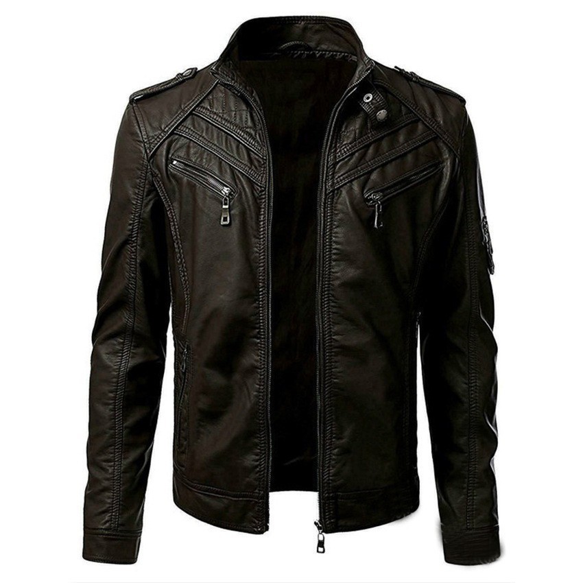 Autumn New Stitching Stand Collar Leather Jacket - Image 3