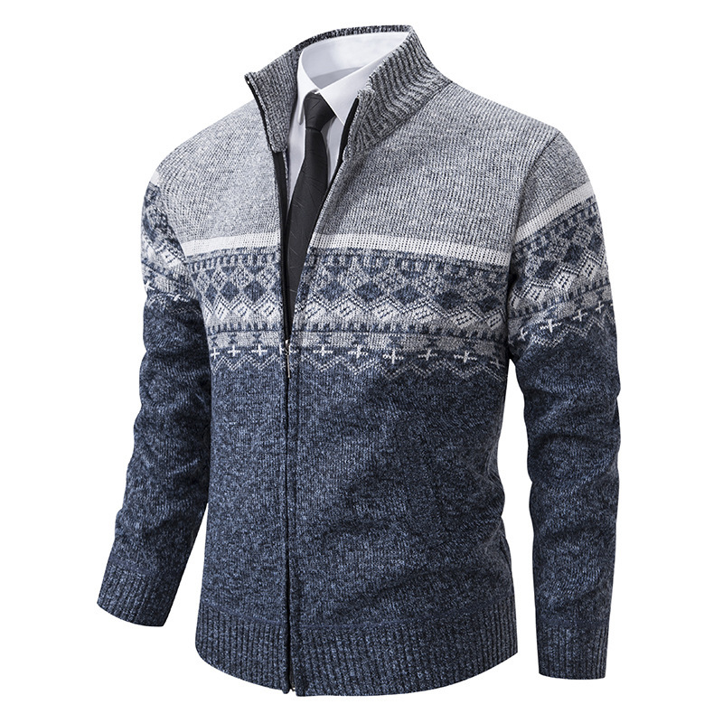 Men's Casual Stand-collar Sweater Coat With Fleece Lining And Color-blocking Design - Image 4