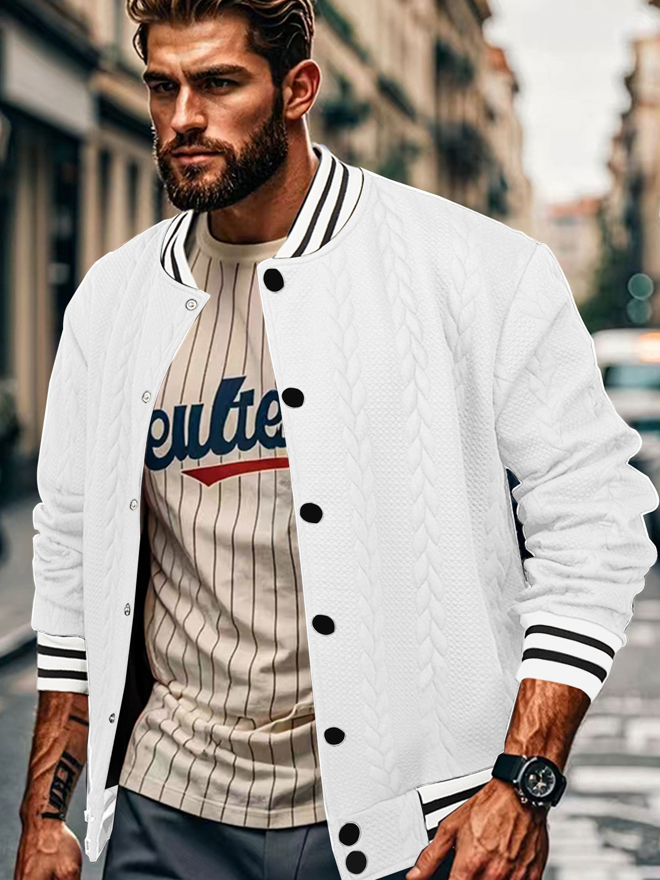 Jacquard Button Design Trendy Fashion Solid Color Men's Cardigan Baseball Jacket - Image 2