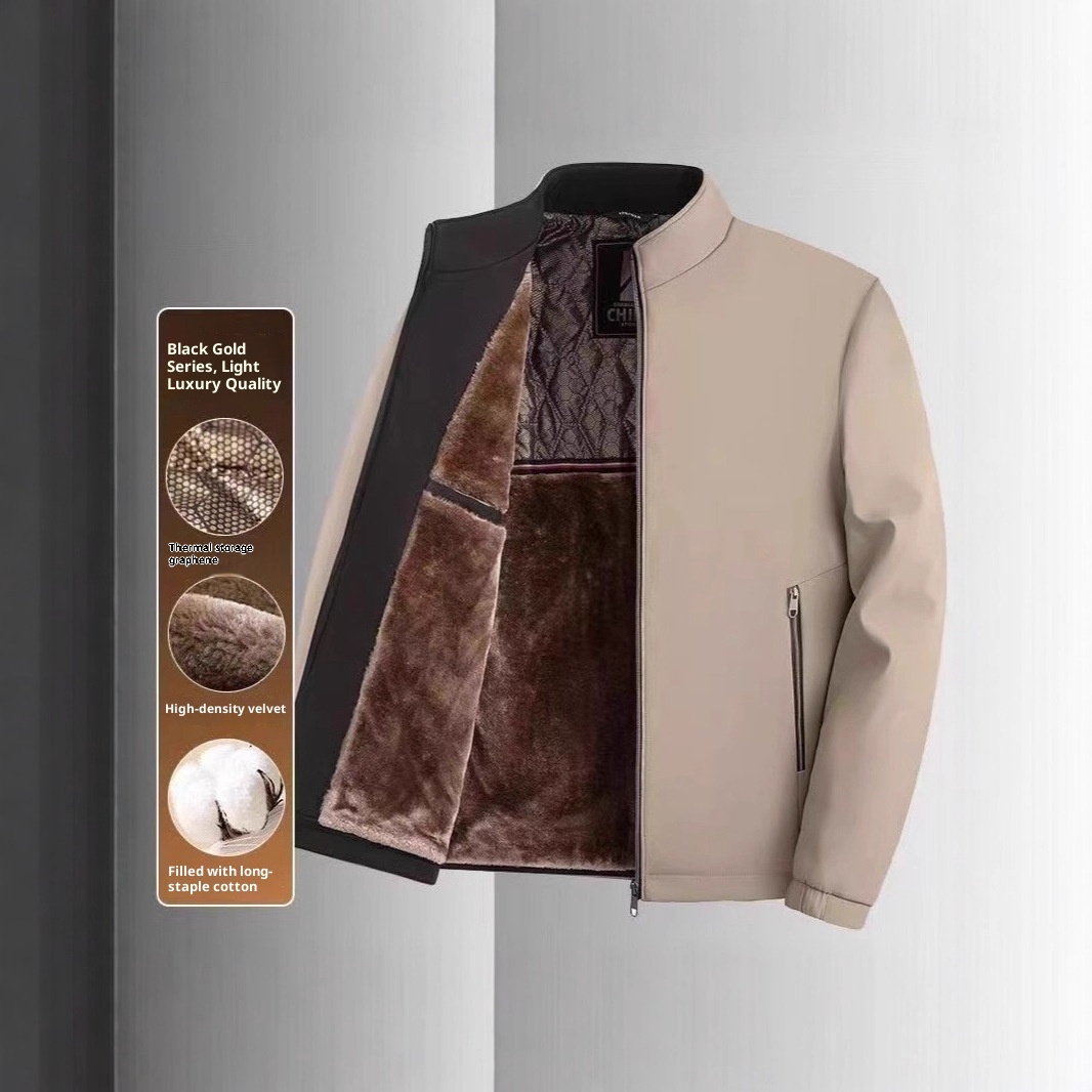 Middle-aged And Elderly Men's Fleece-lined Stand Collar Thickened Mid-aged Graphene Jacket Casual Warm High-end Coat - Image 7