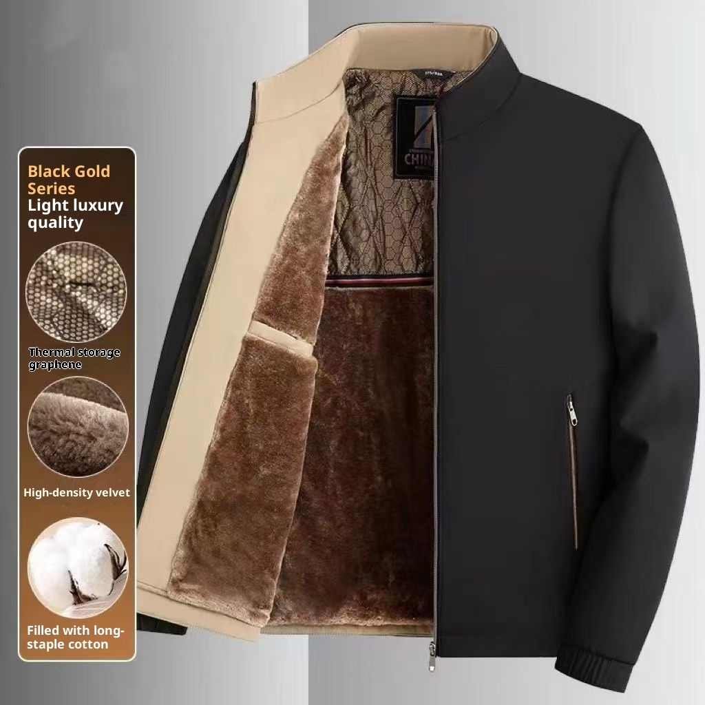 Middle-aged And Elderly Men's Fleece-lined Stand Collar Thickened Mid-aged Graphene Jacket Casual Warm High-end Coat - Image 3