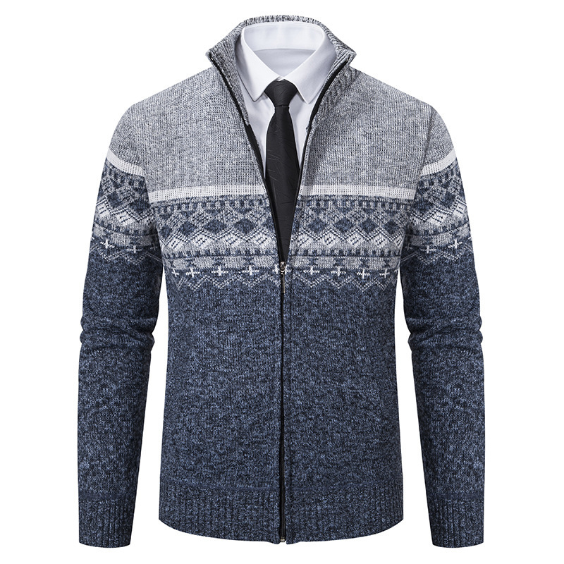 Men's Casual Stand-collar Sweater Coat With Fleece Lining And Color-blocking Design - Image 8