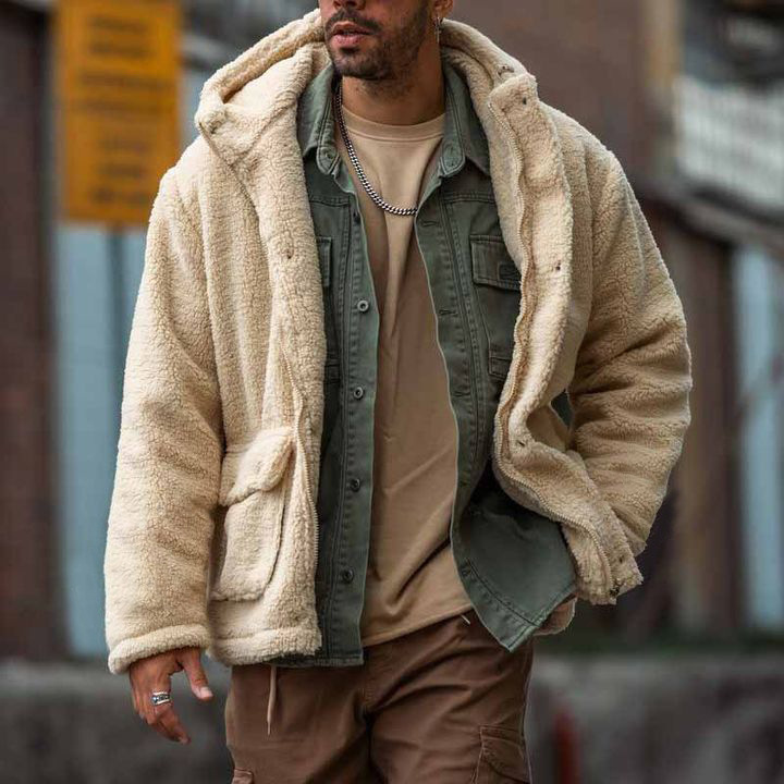 Autumn And Winter Men's Hooded Solid Color Coat Polar Fleece European And American Leisure Trendy - Image 3