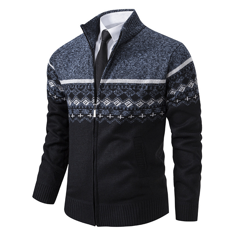 Men's Casual Stand-collar Sweater Coat With Fleece Lining And Color-blocking Design - Image 5