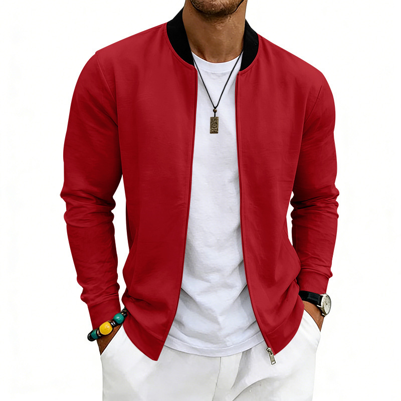 SpringAutumn Thin Vintage Mens Simple Flight-Style Stand Collar Zip-Up Baseball Jacket Cardigan - Image 2