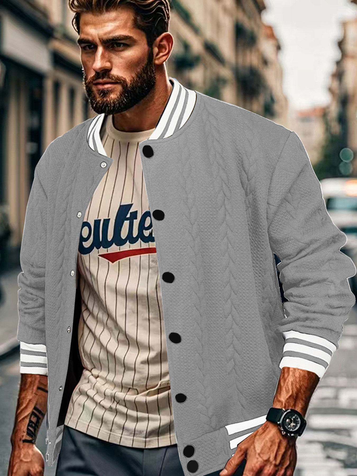 Jacquard Button Design Trendy Fashion Solid Color Men's Cardigan Baseball Jacket - Image 6