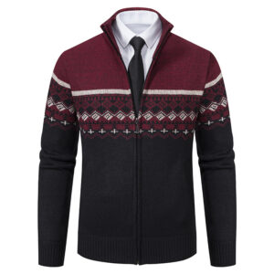Men's Casual Stand-collar Sweater Coat With Fleece Lining And Color-blocking Design