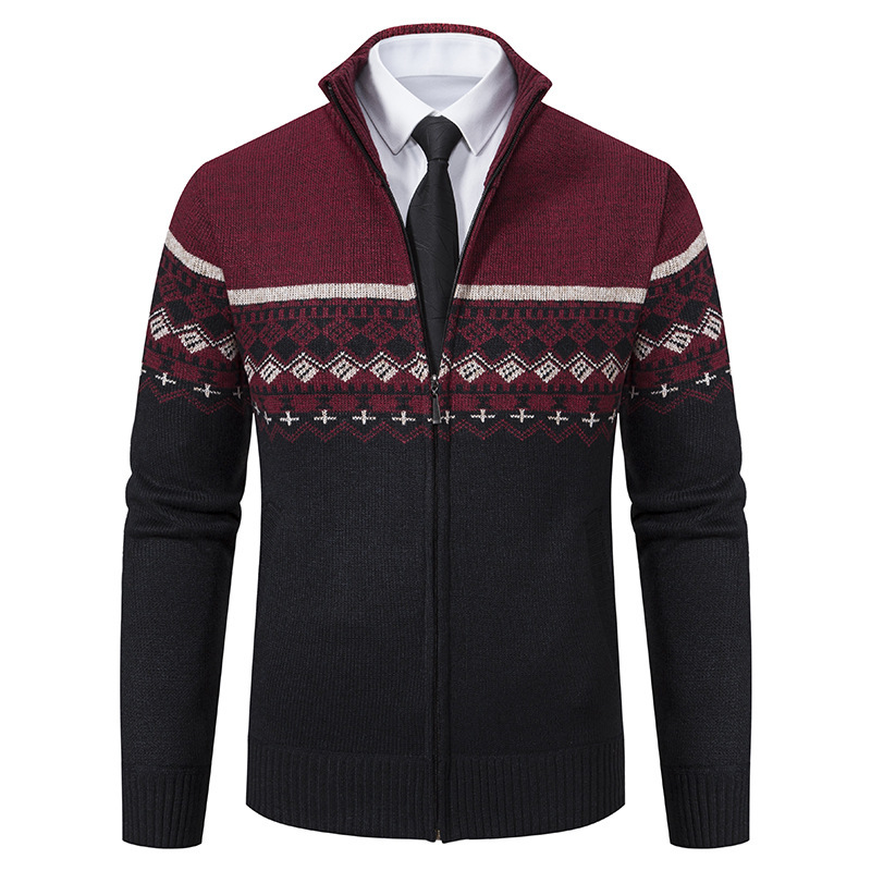 Men's Casual Stand-collar Sweater Coat With Fleece Lining And Color-blocking Design