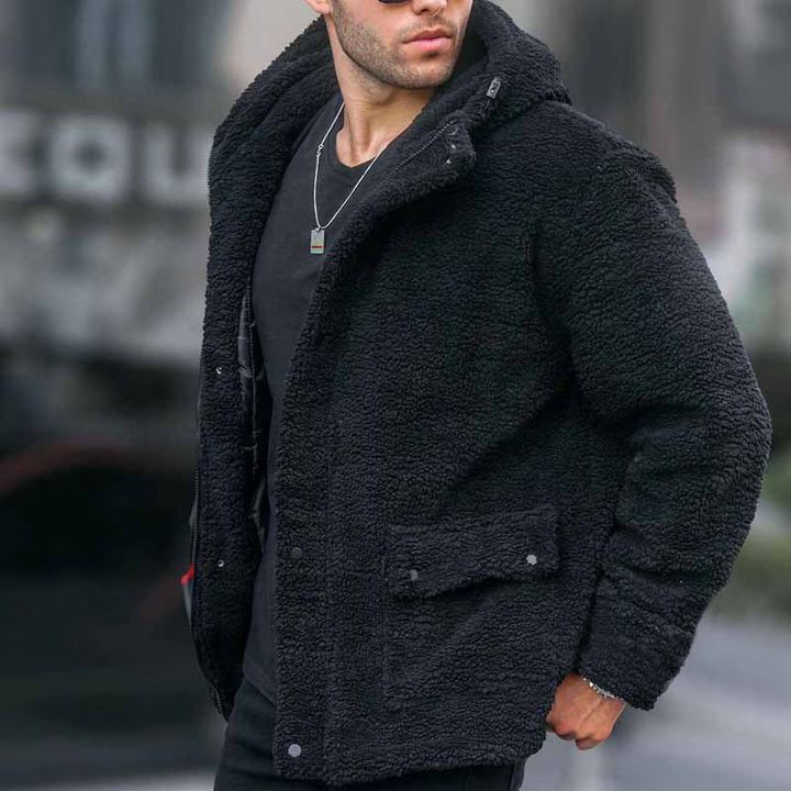 Autumn And Winter Men's Hooded Solid Color Coat Polar Fleece European And American Leisure Trendy - Image 4