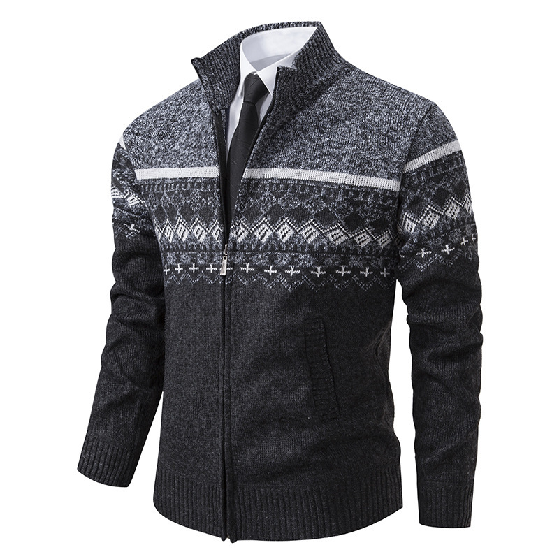 Men's Casual Stand-collar Sweater Coat With Fleece Lining And Color-blocking Design - Image 6