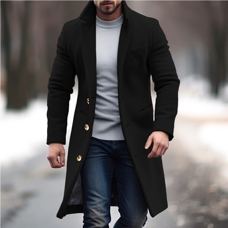 Winter Lapel Trench Coat Fashion Pocket Single Breasted Jacket Outerwear Casual Solid Color Men's Clothing - Image 6