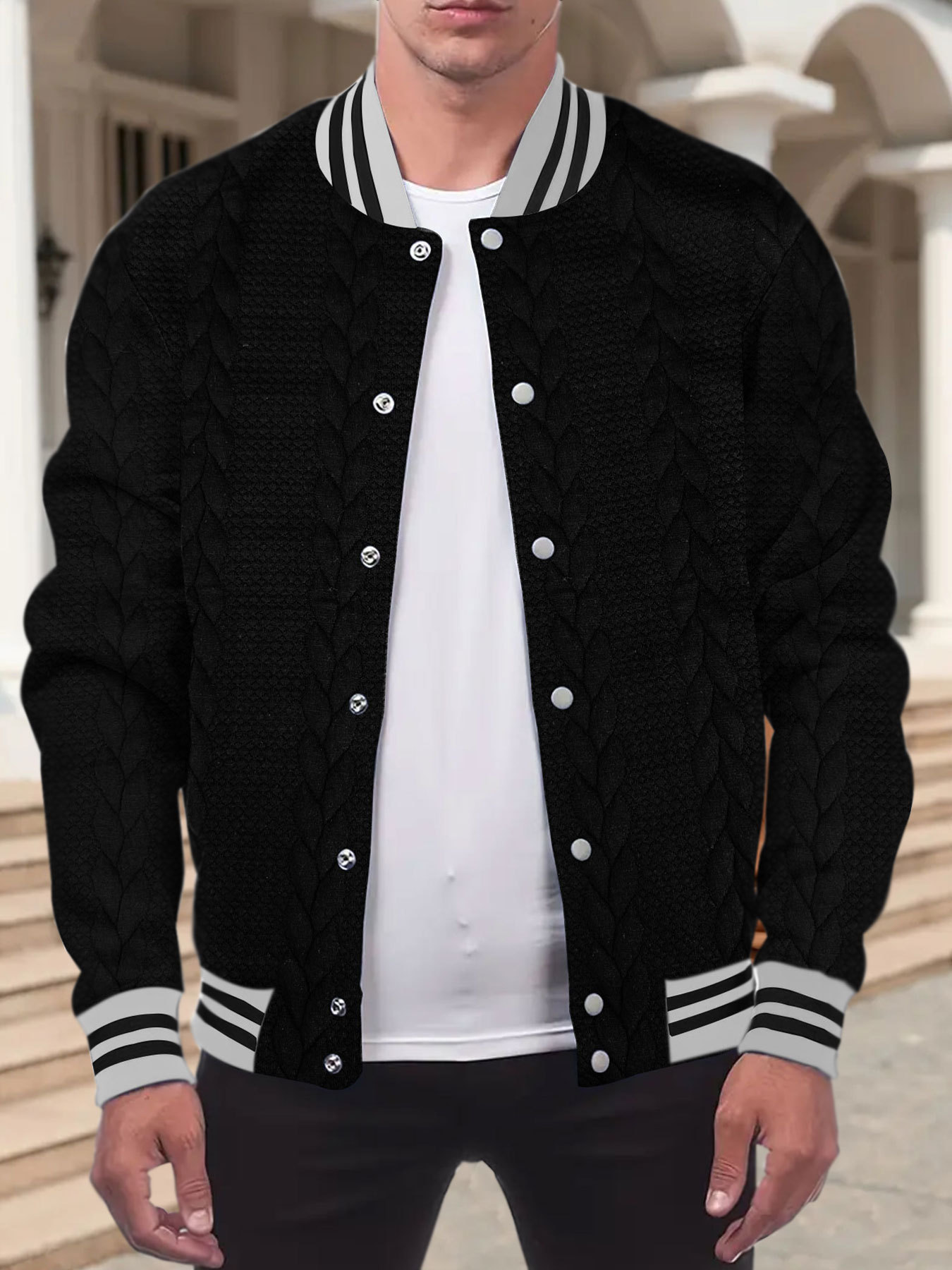 Jacquard Button Design Trendy Fashion Solid Color Men's Cardigan Baseball Jacket - Image 3