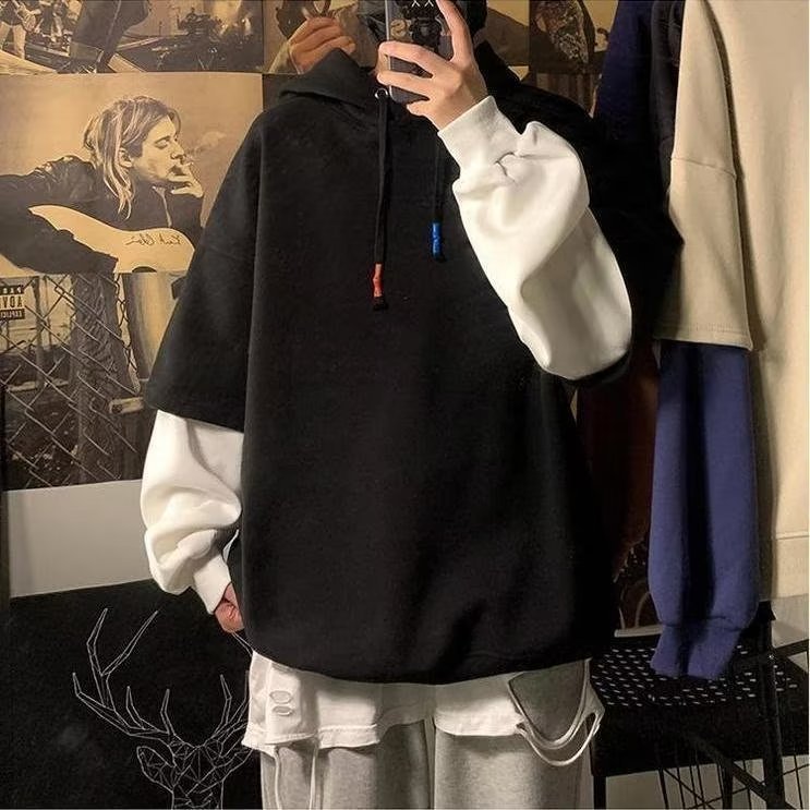 Fashion Velvet Padded Fake Two-piece Sports Hoodie - Image 7