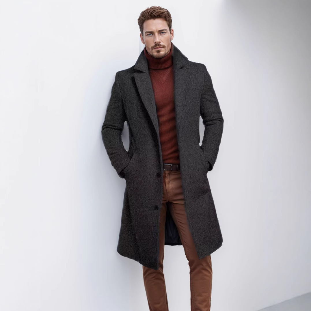 Men's Mid-length Solid Color Autumn And Winter Woolen Coat - Image 5